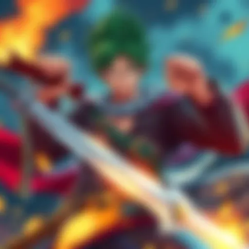 A character inspired by Roronoa Zoro from One Piece, depicted as a D&D player. He looks strong and determined, with a sword drawn, ready for adventure but showing a hint of recklessness. The backgroun...