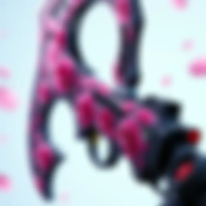 A close-up of a scythe gun designed with rose patterns and vibrant colors, showcasing the new aesthetic features in Warframe.