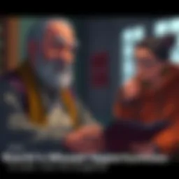 Roshi mentoring a student Roshi sitting calmly with a thoughtful expression while a student listens intently, capturing a moment of guidance and reflection.