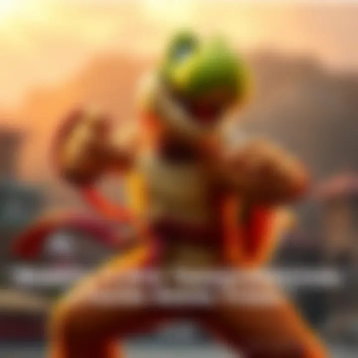 Roshi strikes a powerful fighter pose, showcasing his new arcade-style look with bold colors and dynamic action lines.