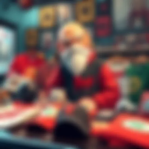 A variety of Roshi-themed merchandise including t-shirts, hats, and keychains displayed on a table