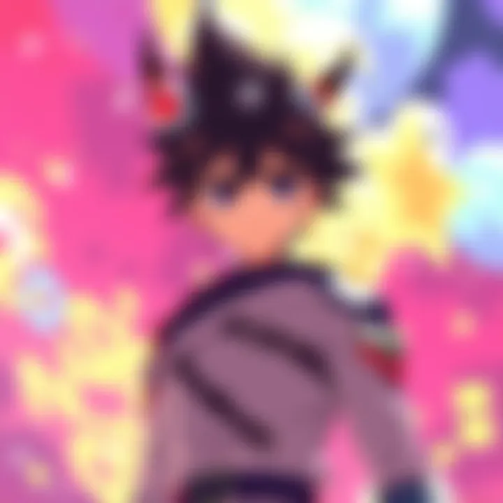 Rossiu stands in front of a vibrant background, showing his determined expression and signature outfit from Gurren Lagann.