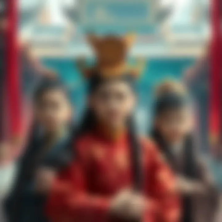 A portrait of Rou Ai's children in an ancient Chinese palace, showing their royal attire and the grandeur of their surroundings.