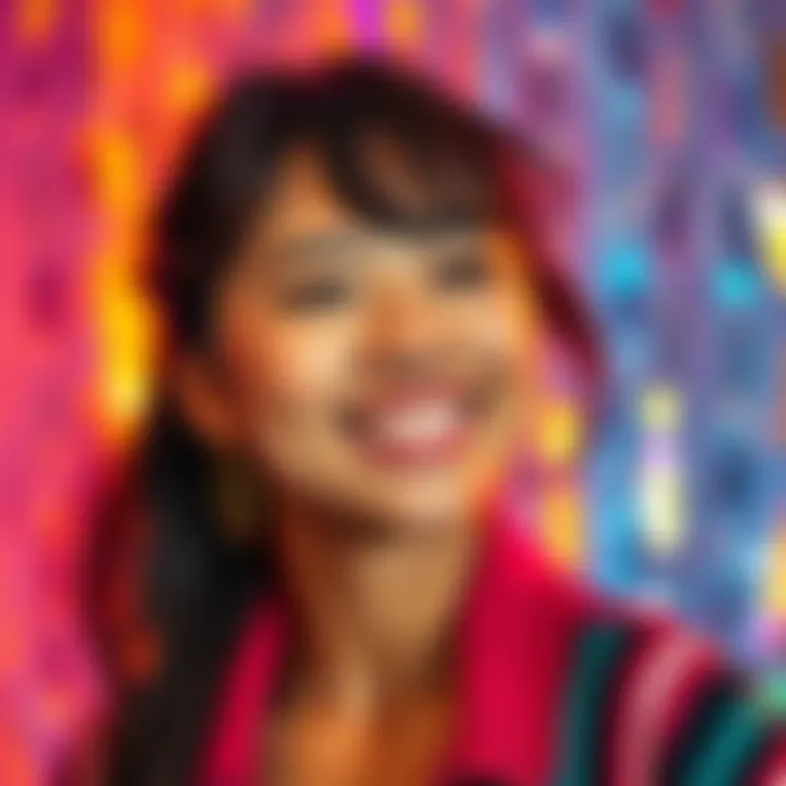 Roxy Pekora smiling with a colorful background, showcasing her vibrant personality