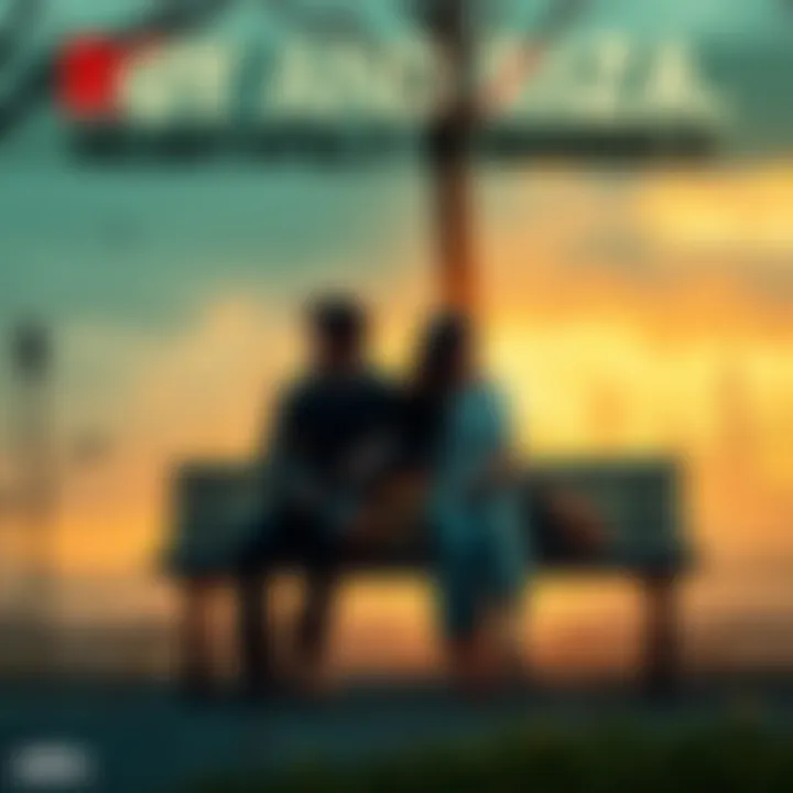 Roy and Riza sitting together on a park bench, looking concerned as they hold hands, with a war-torn backdrop symbolizing their struggles