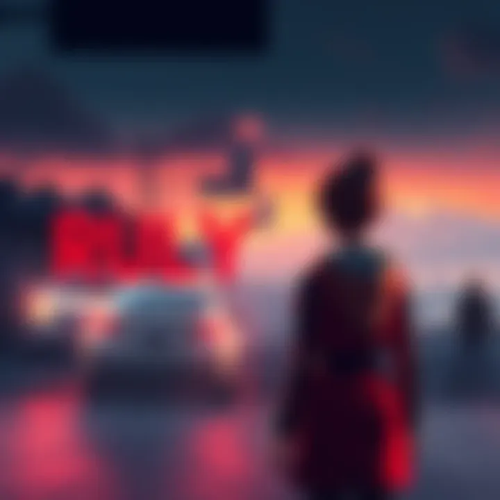 A figure named Ruby stands by a car, looking towards the city of Vale with a puzzled expression, showing the distance and transportation challenges she faces.