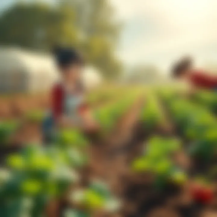 Ruby and Yang working together in a field, planting vegetables and tending to crops, with sunlight shining down on them.