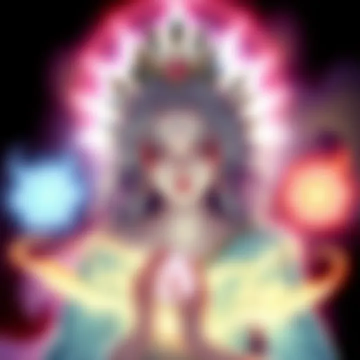 An illustration of Rudeus' goddess, portrayed with celestial features and a serene expression, surrounded by glowing symbols that represent her powers and influence in the story.