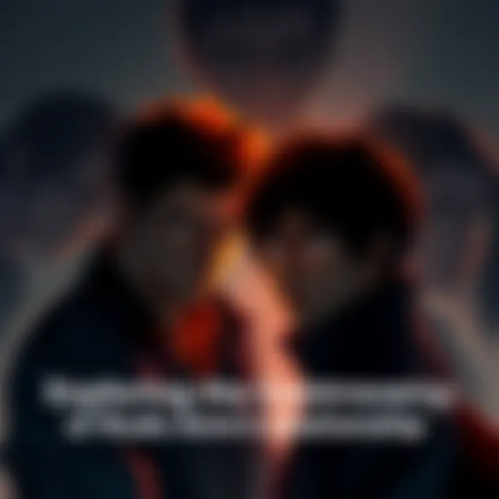 Rudo and Amo in a tense moment Rudo and Amo looking conflicted with shadows representing their troubled pasts behind them