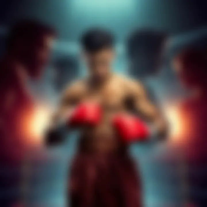 Rudo in a boxing stance Rudo stands ready in a boxing stance, showcasing determination and strength, surrounded by potential opponent silhouettes in the background.