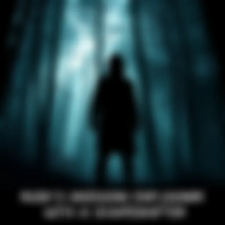 A shadowy figure resembling a person stands in a dimly lit forest, creating an eerie atmosphere