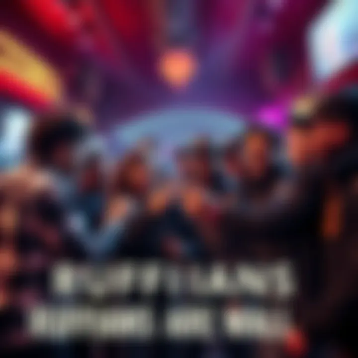 A group of ruffians gathered, excitedly discussing their return to the community, with a lively atmosphere around them.