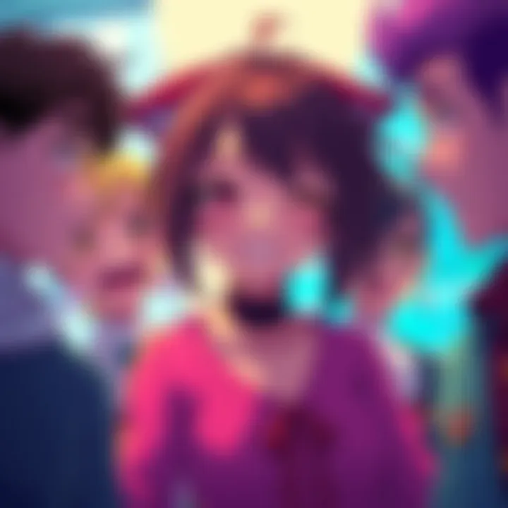 Original character Ruka winking and smiling charmingly at a group of surprised characters, showcasing playful flirtation and humorous reactions.