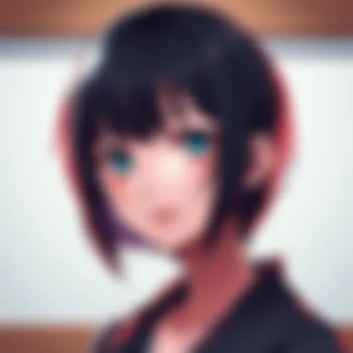 A character with short black hair styled in a choppy bob, featuring bangs that frame the face. The hairstyle captures the essence of anime character design and fashion.