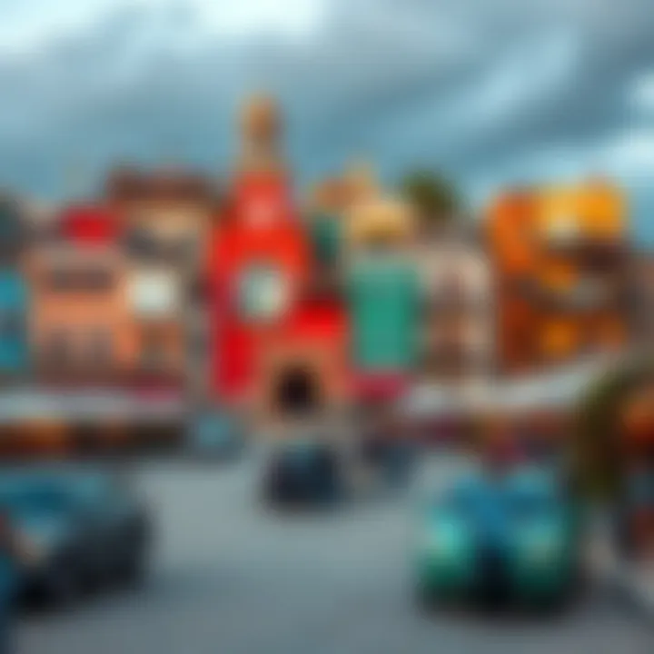 A vibrant town square in Rumia with colorful buildings and people enjoying the local culture.