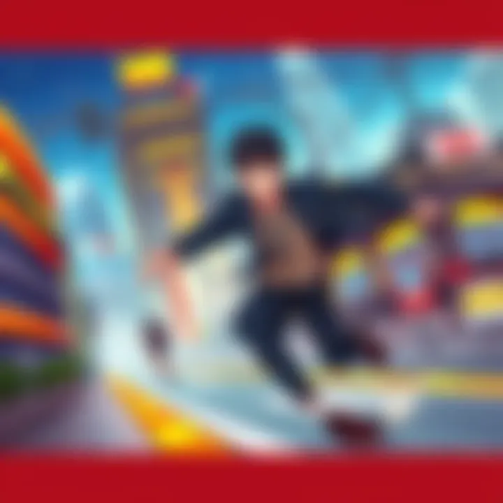 A high-energy scene featuring Samejima running through a cityscape, with dynamic colors and action lines conveying speed and excitement.