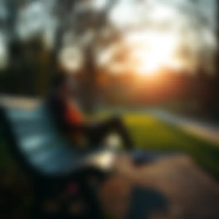 A runner resting on a park bench, looking refreshed after a workout, with trees and a path in the background.