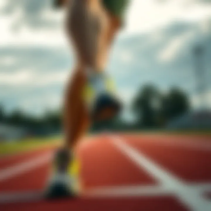 Runner training with favorite gear A runner wearing their favorite shoes and gear while training on a track, looking motivated and focused.