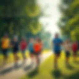 A diverse group of runners enjoying a sunny day in a park, showing smiles and camaraderie as they exercise together.