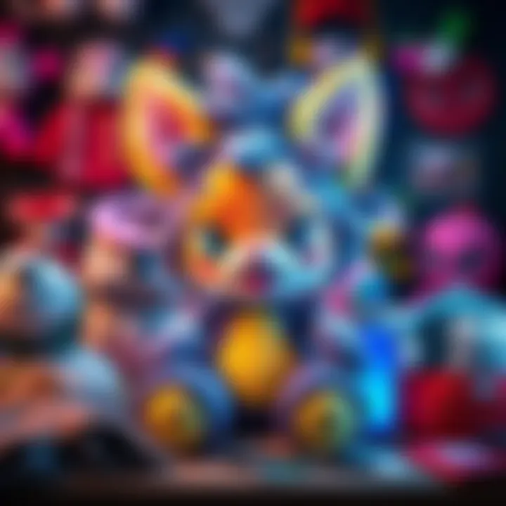 A colorful plushie resembling a character inspired by Rushia, surrounded by fan merchandise and collectibles, highlighting the potential market appeal.