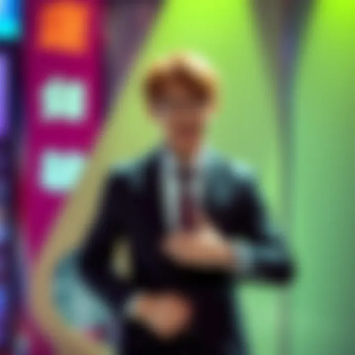 A Russian TV show participant dressed as Arataka Reigen from Mob Psycho, showcasing a lively cosplay character with a suit and energetic expression.