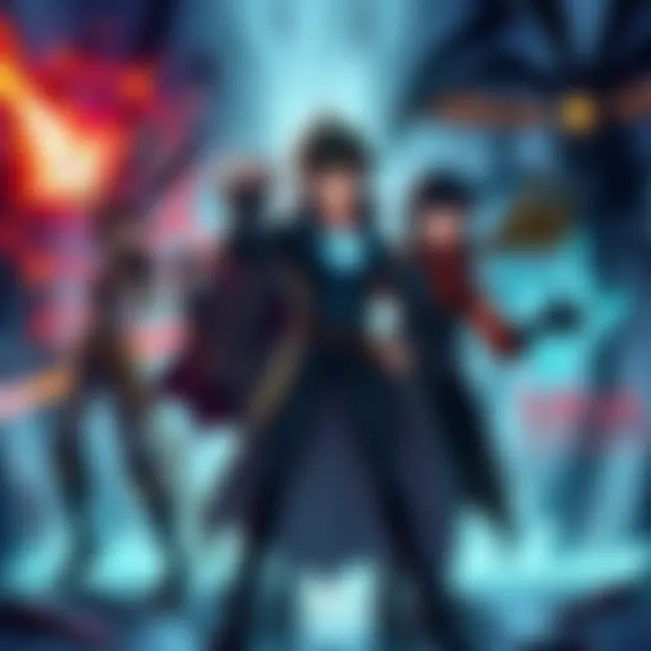 Illustration of RWBY characters like Neo, Cinder Fall, and Roman Torchwick in villain poses within a My Hero Academia setting, showcasing their powers and abilities.