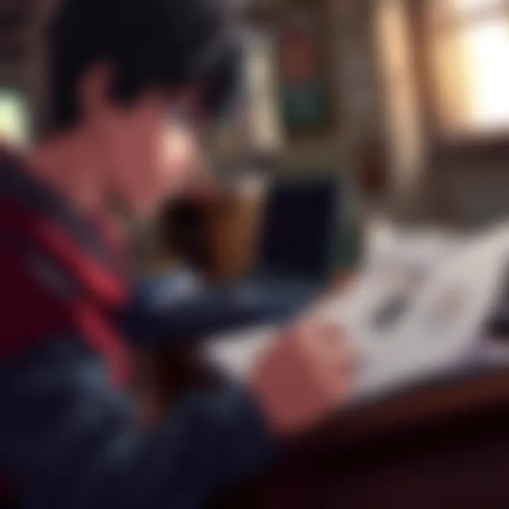 RWBY Character Writing Challenge A writer contemplating the ease of writing Ruby from RWBY and the challenges of Blake's character, with a notepad and character sketches in the background.