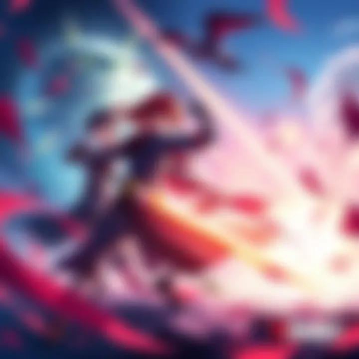 A dynamic scene featuring RWBY characters in a battle stance, showcasing their unique weapons and outfits in a vibrant fantasy setting.