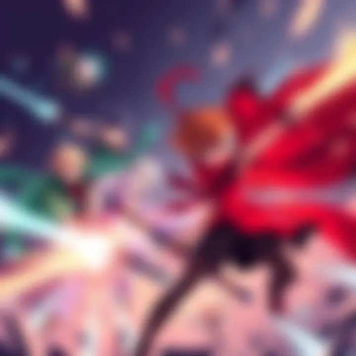 Characters from RWBY engaging in an intense battle during a crossover event, showcasing unique abilities and teamwork.