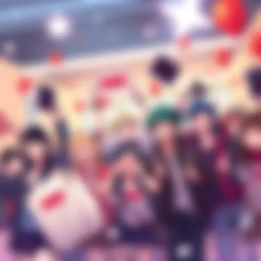 A group of excited fans holding RWBY merchandise and sharing their enthusiasm for the anime series in a lively community gathering.