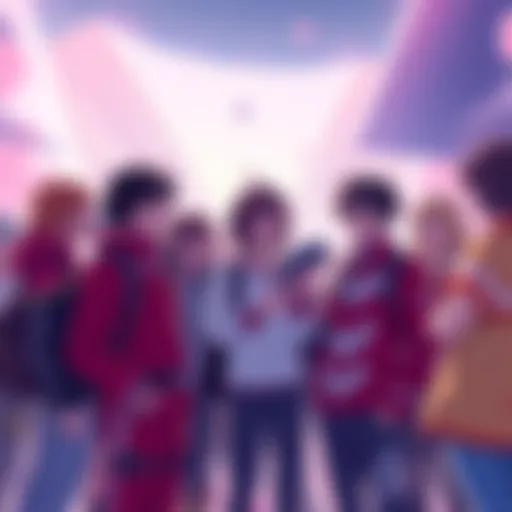 Group of RWBY fans excitedly discussing new outfit designs in a colorful setting