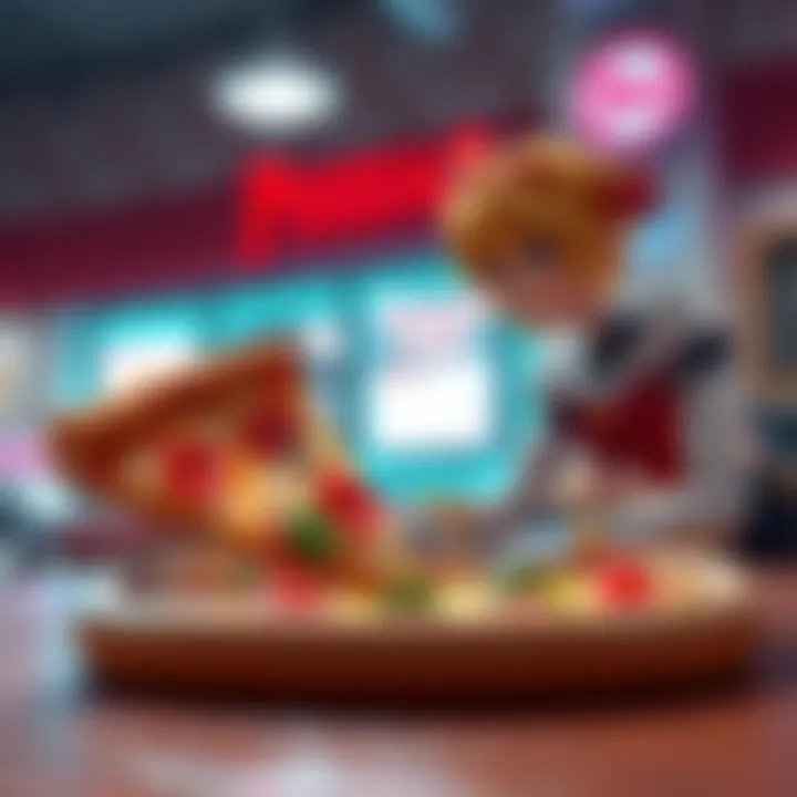 A slice of Little Caesar's pizza next to a RWBY character in a playful setting.
