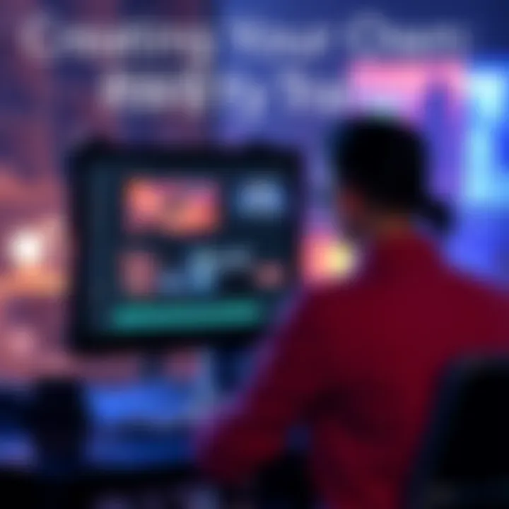 A person editing a RWBY trailer on a computer, showcasing original characters and dynamic scenes