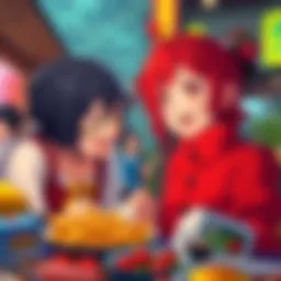 A funny scene showing Ruby looking confused about her food request, with her friend Yang laughing nearby, surrounded by food items.