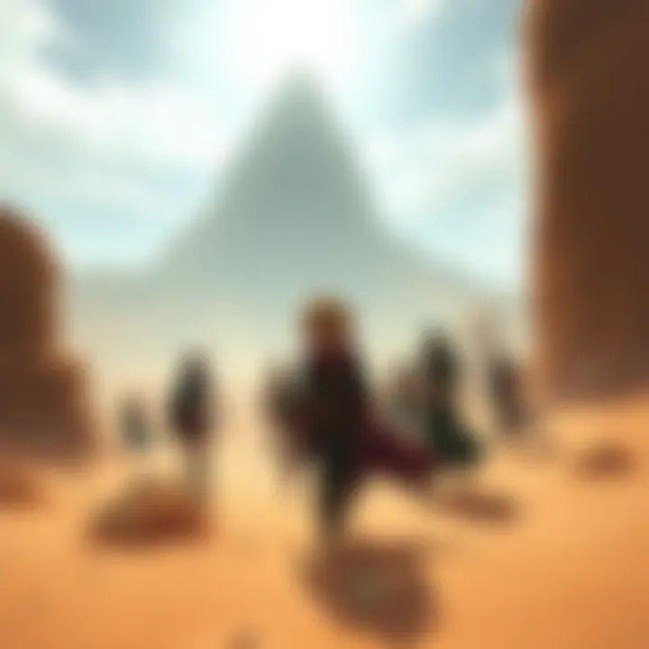 RWBYJ characters struggle against the sun in a dry desert with no water, looking bewildered and exhausted, while Zwei-hulud looms in the background.