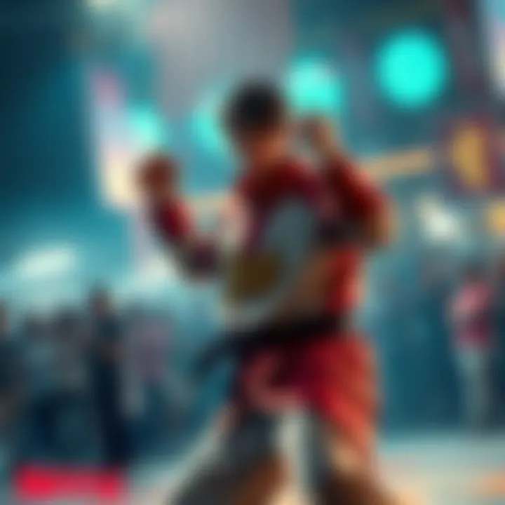 Ryu in a fighting stance wearing a costume with 'Jane Juliet' displayed on it, while a crowd discusses in the background