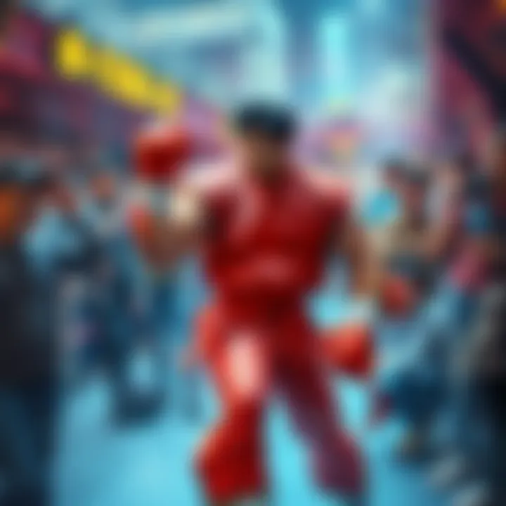 Ryu wearing a flashy new outfit while readying for a fight, showing mixed reactions from fans around him.