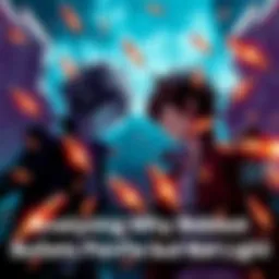 Ryuk, a shinigami with wings, looks at Light Yagami, a young man with a determined expression, as bullets fly past them, highlighting their different vulnerabilities.