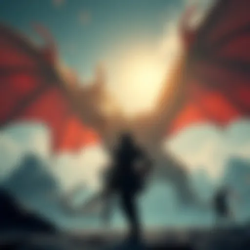 Ryuma stands ready to battle a large dragon resembling Nidhogg, with a fierce expression and sword drawn, surrounded by a mystical landscape.