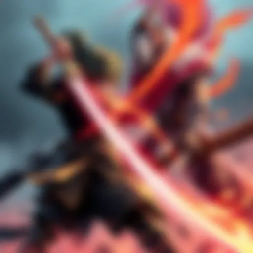 A fierce duel between Ryuma, a legendary warrior with a sword, and Imu, a powerful antagonist with a commanding presence.
