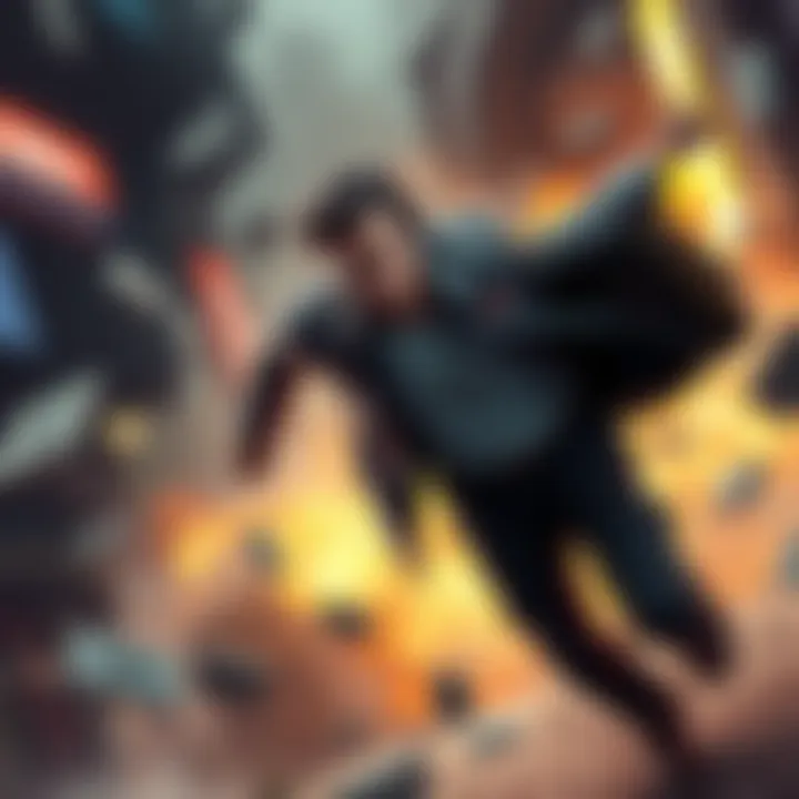 Sabo Escapes Mariejois Sabo running from Mariejois, looking determined while avoiding obstacles, with a backdrop of chaos and confusion.