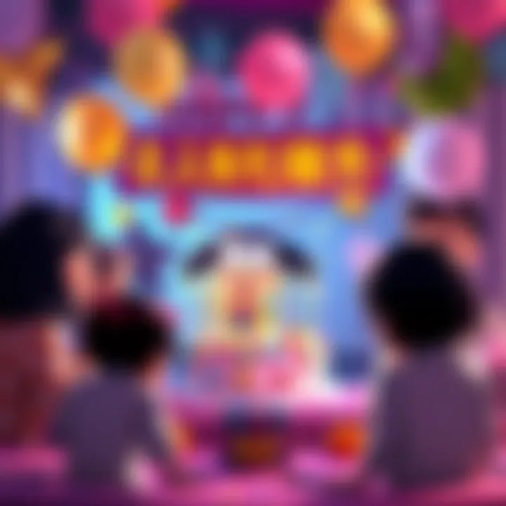 A joyful birthday party scene with balloons and a cake for Sacchan, surrounded by friends and colorful decorations