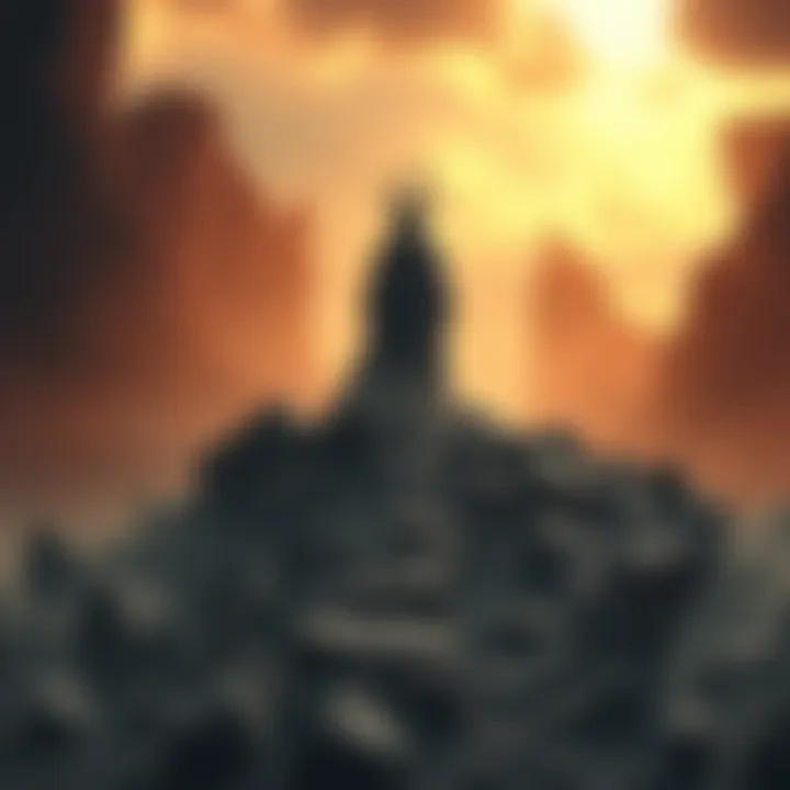 A figure representing the Sacred Ancestor stands tall, casting a long shadow over fragmented pieces of past stories symbolizing Armageddon and the BB Project.