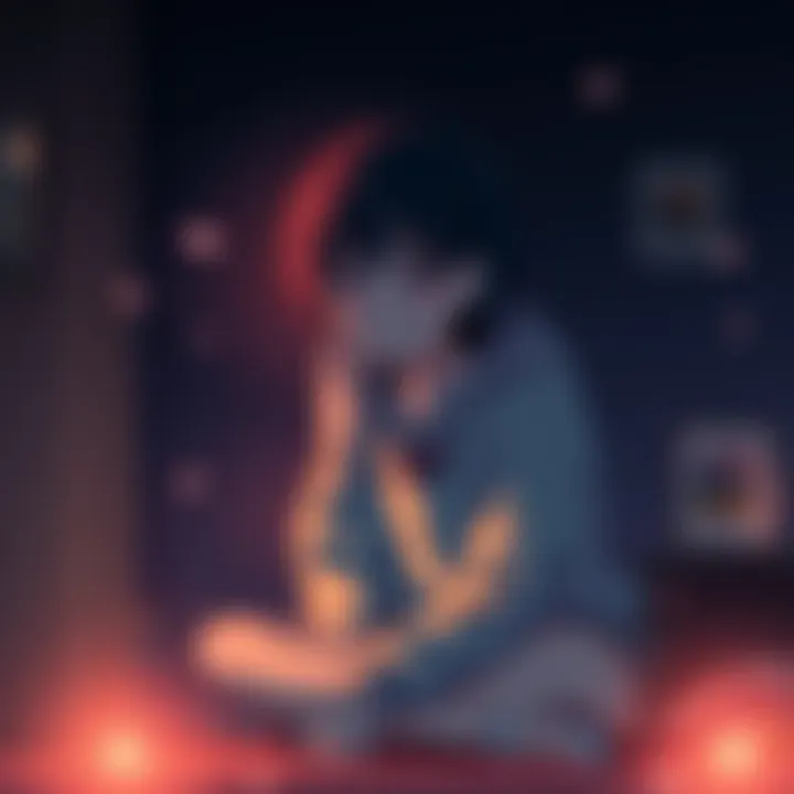A heartbroken anime character with tears in their eyes, sitting alone in a dimly lit room, surrounded by memories that evoke strong emotions.