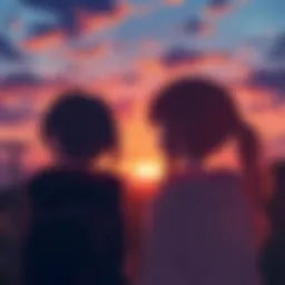 Sad anime characters looking at the sunset Two anime characters with tears in their eyes, gazing at a beautiful sunset, conveying deep emotion and sadness