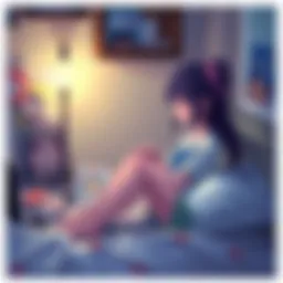 A fan sitting on a bed with a sad expression, looking at an empty space where a Suisei Mochidoru could be, surrounded by posters and merchandise