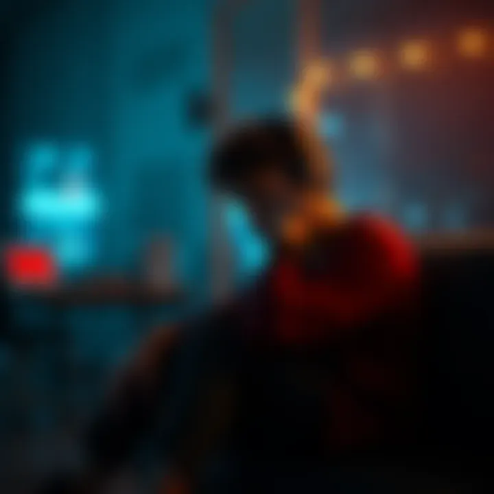 A person sitting alone with headphones, looking reflective and emotional while listening to sad music