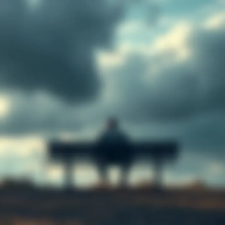 Sad person sitting alone A person sitting alone on a bench under a cloudy sky, looking down with a somber expression.
