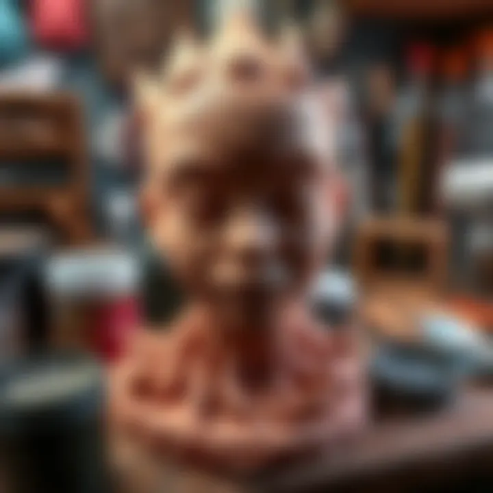 A close-up of the Sadnae clay figure with intricate details, showcasing its design and textures, alongside art supplies and tools used in the creation process.