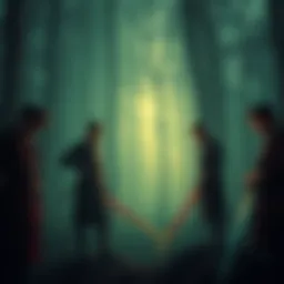 Seven swordsmen standing in a dimly lit forest, each displaying signs of sorrow and struggle, with their swords held down at their sides.